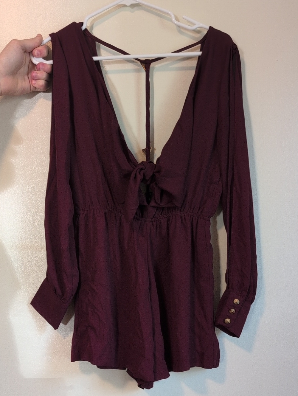 Plunging Tie-Back Long Sleeve Romper in Deep Burgundy